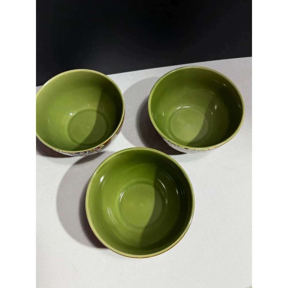 Pier 1 Imports Global Medallion Reactive Stoneware Cereal Bowls Set of 3 Green